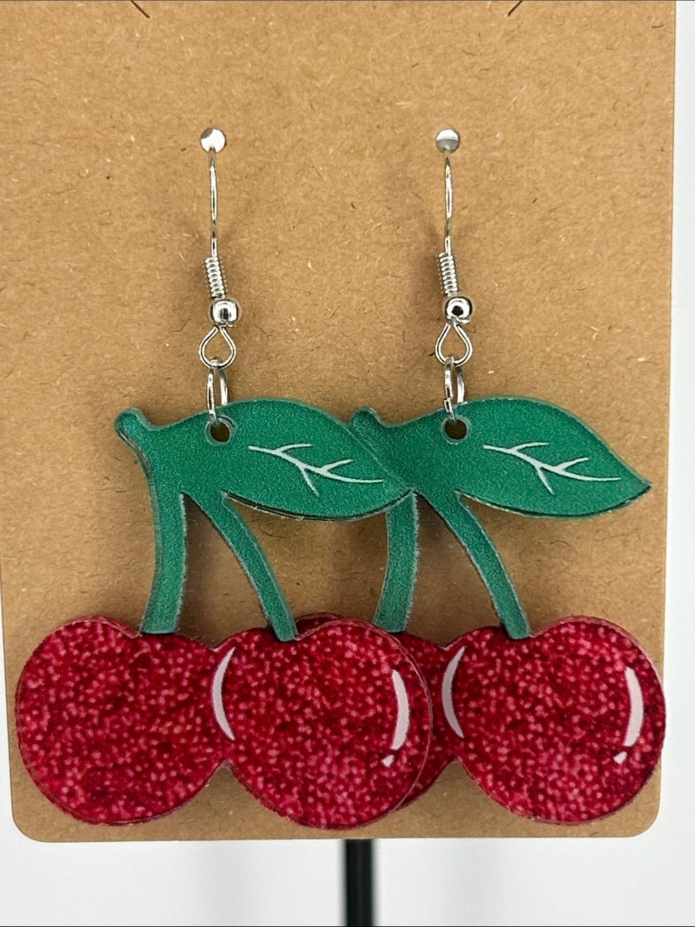 Cherry Dangle Earrings with Green Leaves Acrylic Fashion Jewelry